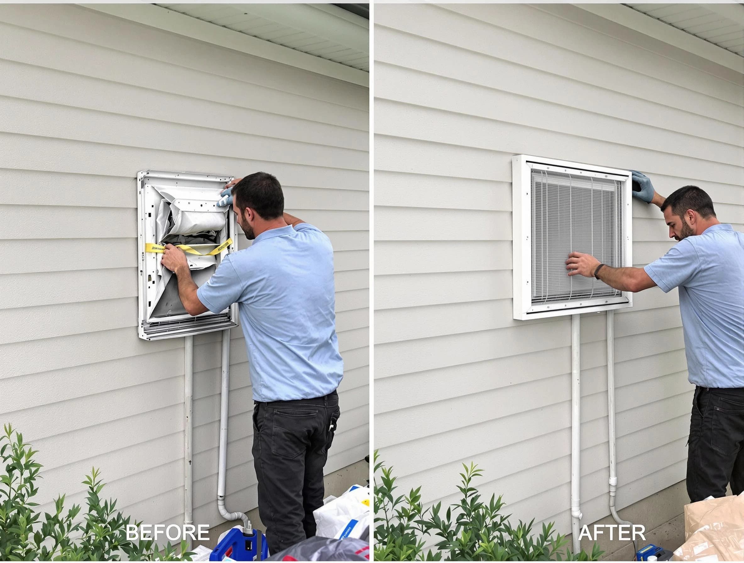Salem Dryer Vent Cleaning technician installing high-quality dryer vent cover at a residential property in Salem